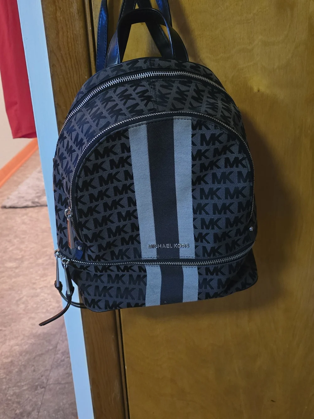Michael Kors Men’s Black MK Logo Backpack with Gray Stripe